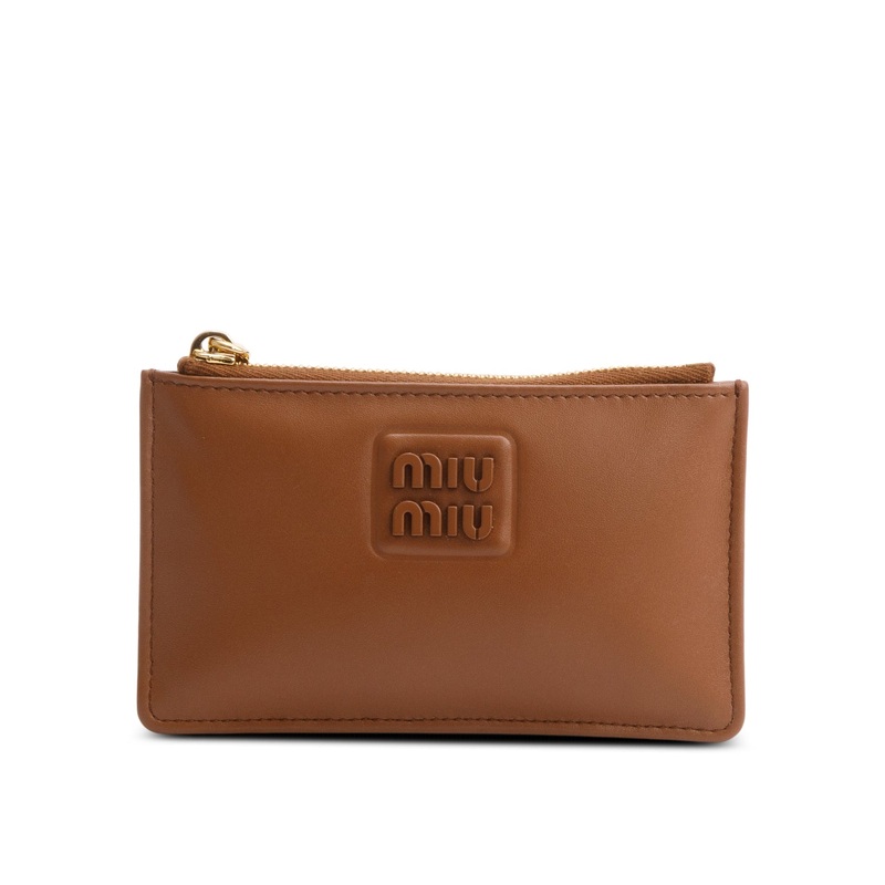 Miu Miu Blue Brown Nappa Leather Zip Card Case w/ Box