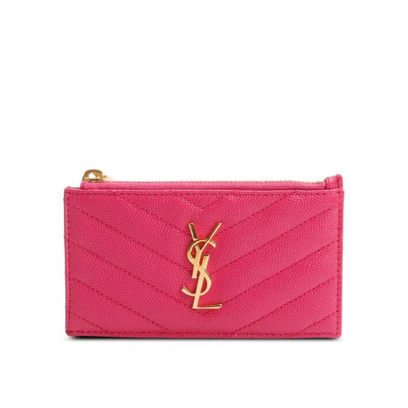 Saint Laurent 2023 Pink Grain De Poudre Leather Cassandre Matelasse Fragments Zipped Card Case